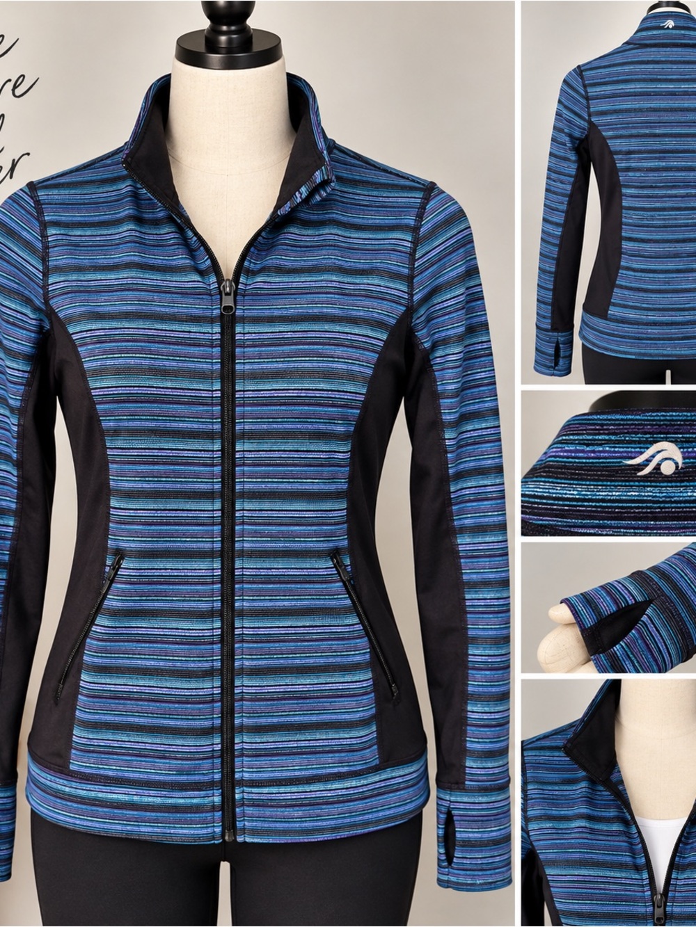 Women’s Blue Striped Running Jacket Full Zip Workout Thumbholes Size Small
